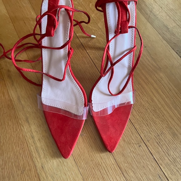 PLT Red Ankle Lace up Heels Size 8 - Picture 4 of 10